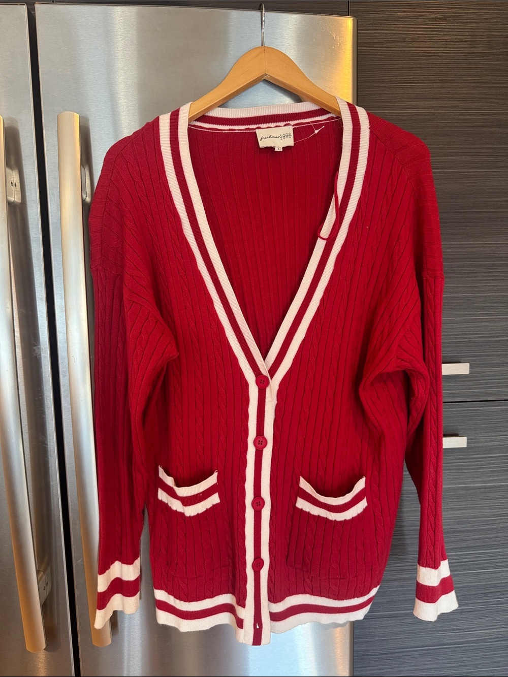 Freshman Red Ribbed Cardigan with White Stripe Trim